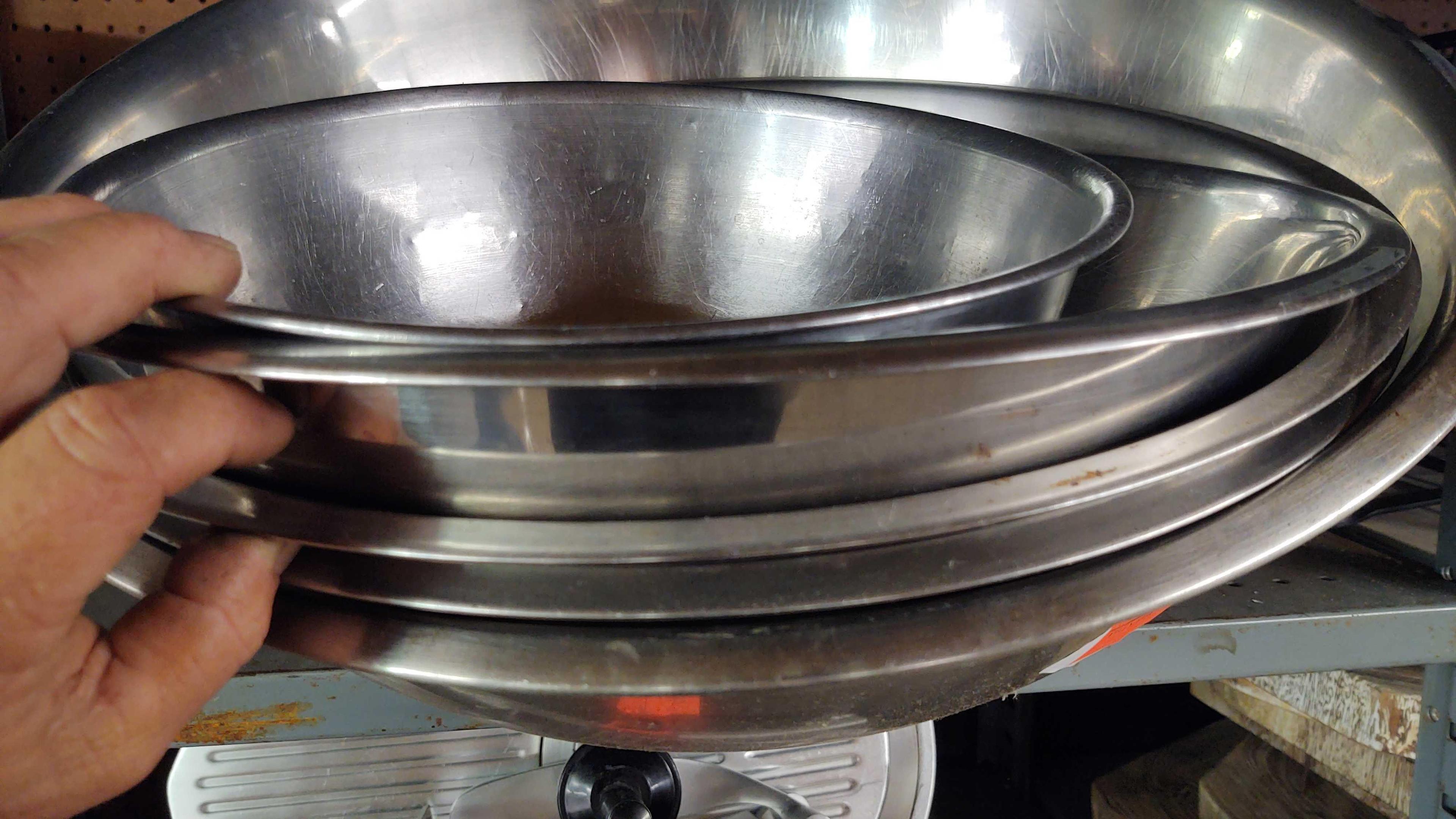 Lot on Shelf of 5 Various Stainless Bowls