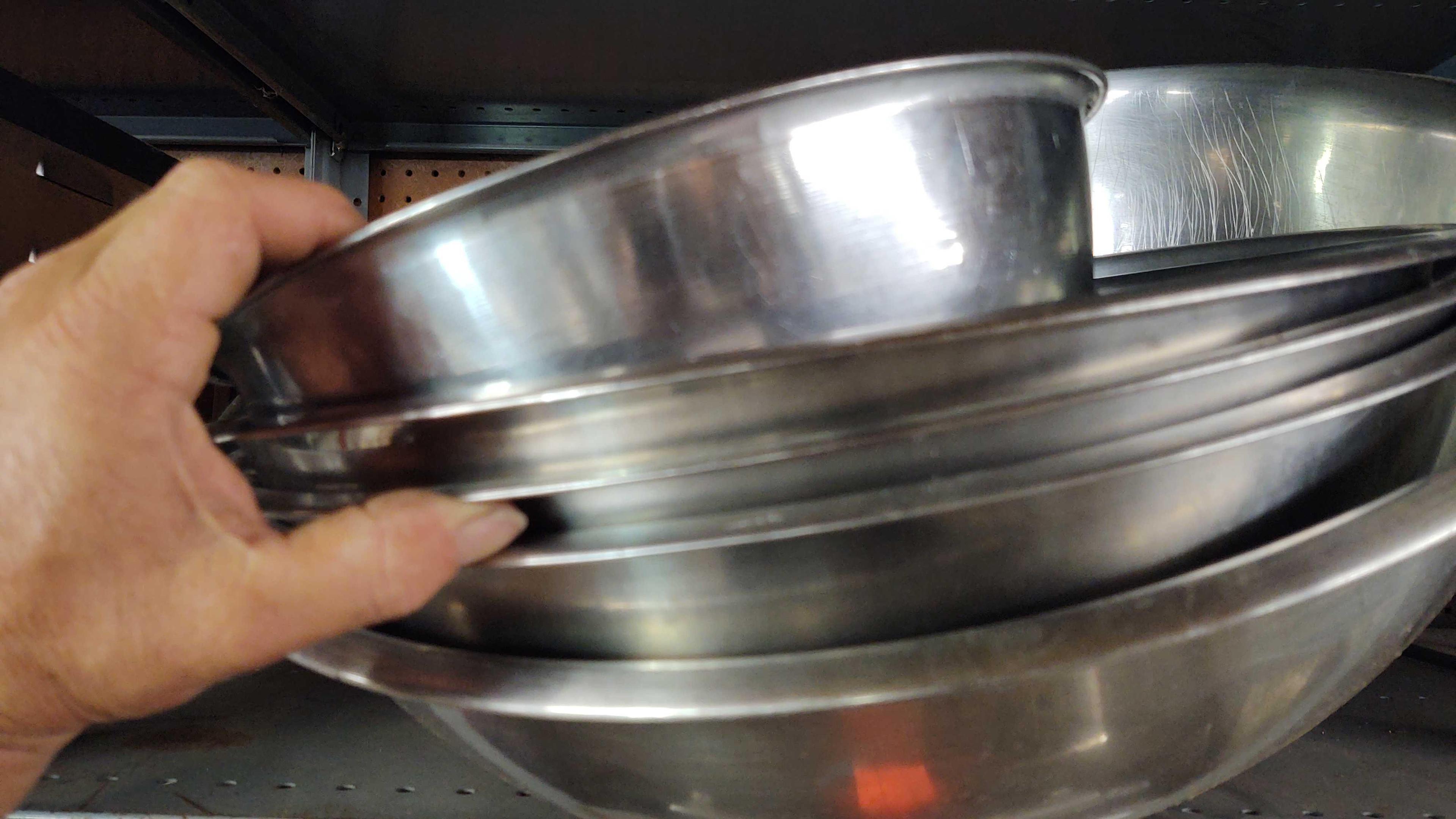 Lot on Shelf of 5 Various Stainless Bowls