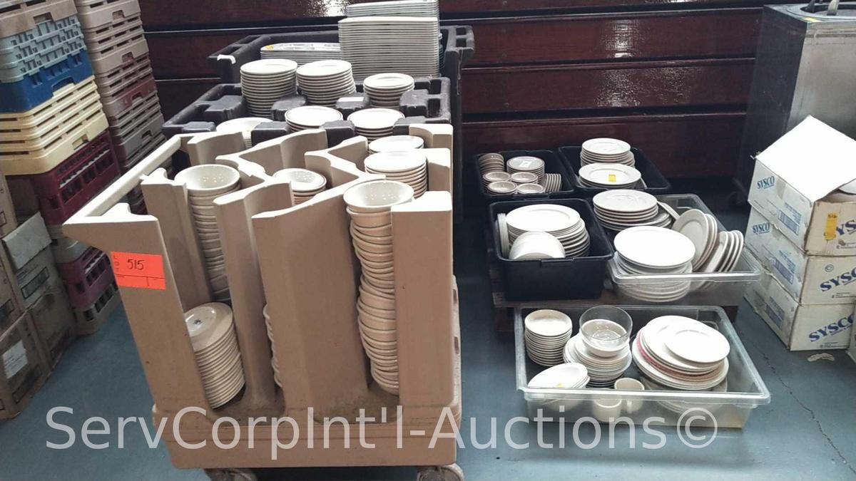 Lot of 3 Portable Dish Carts of Assorted Ceramic Plates, Bowls, Saucers, Portable Cart Full of