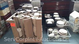 Lot of 3 Portable Dish Carts of Assorted Ceramic Plates, Bowls, Saucers, Portable Cart Full of