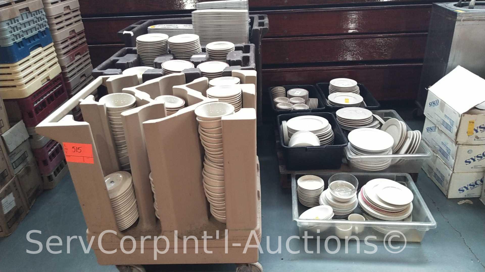 Lot of 3 Portable Dish Carts of Assorted Ceramic Plates, Bowls, Saucers, Portable Cart Full of