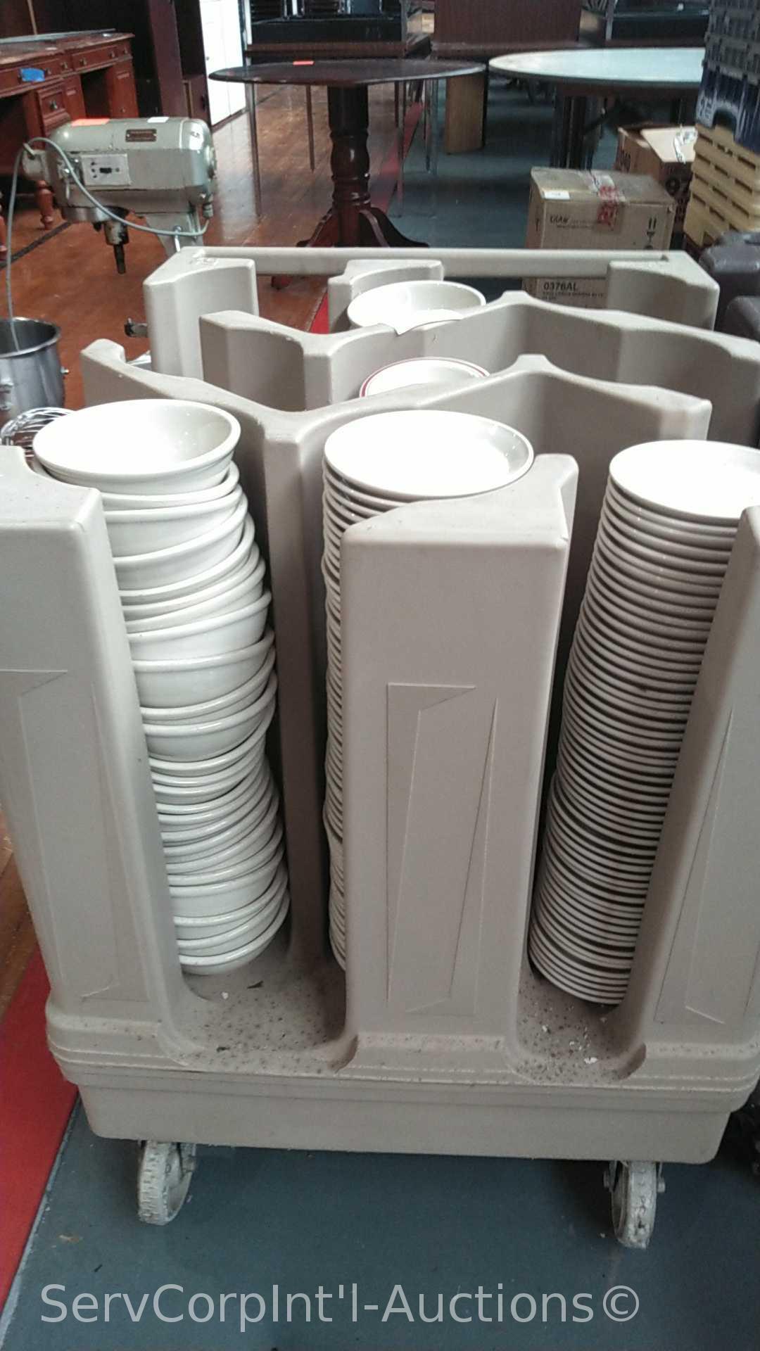 Lot of 3 Portable Dish Carts of Assorted Ceramic Plates, Bowls, Saucers, Portable Cart Full of