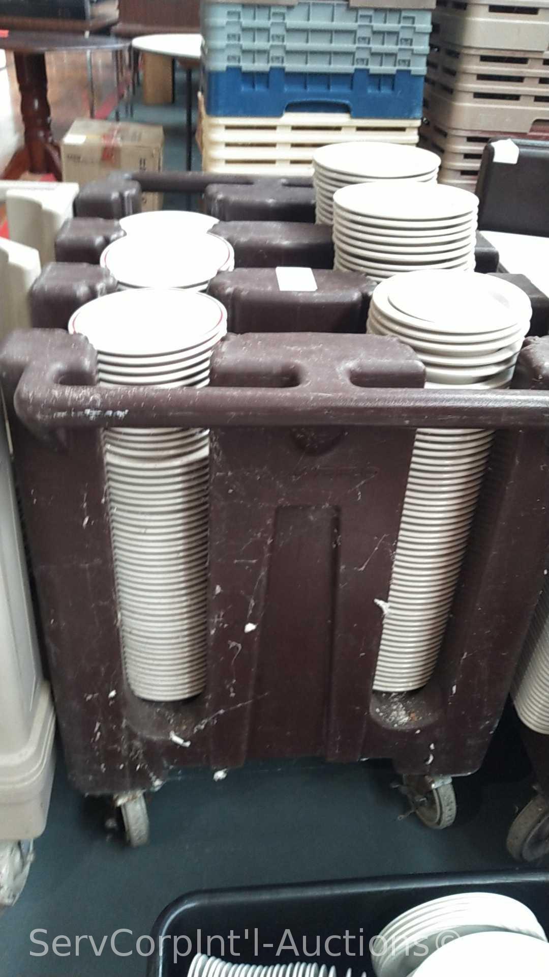 Lot of 3 Portable Dish Carts of Assorted Ceramic Plates, Bowls, Saucers, Portable Cart Full of