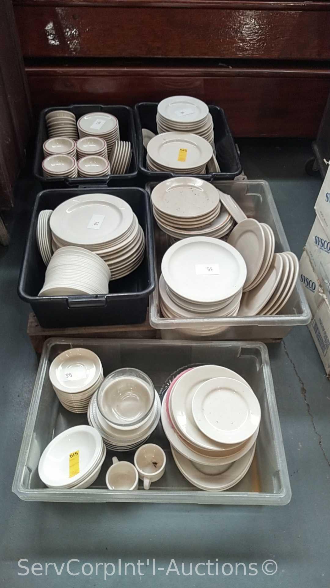 Lot of 3 Portable Dish Carts of Assorted Ceramic Plates, Bowls, Saucers, Portable Cart Full of