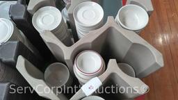 Lot of 3 Portable Dish Carts of Assorted Ceramic Plates, Bowls, Saucers, Portable Cart Full of