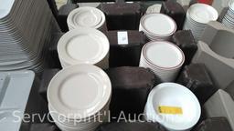 Lot of 3 Portable Dish Carts of Assorted Ceramic Plates, Bowls, Saucers, Portable Cart Full of