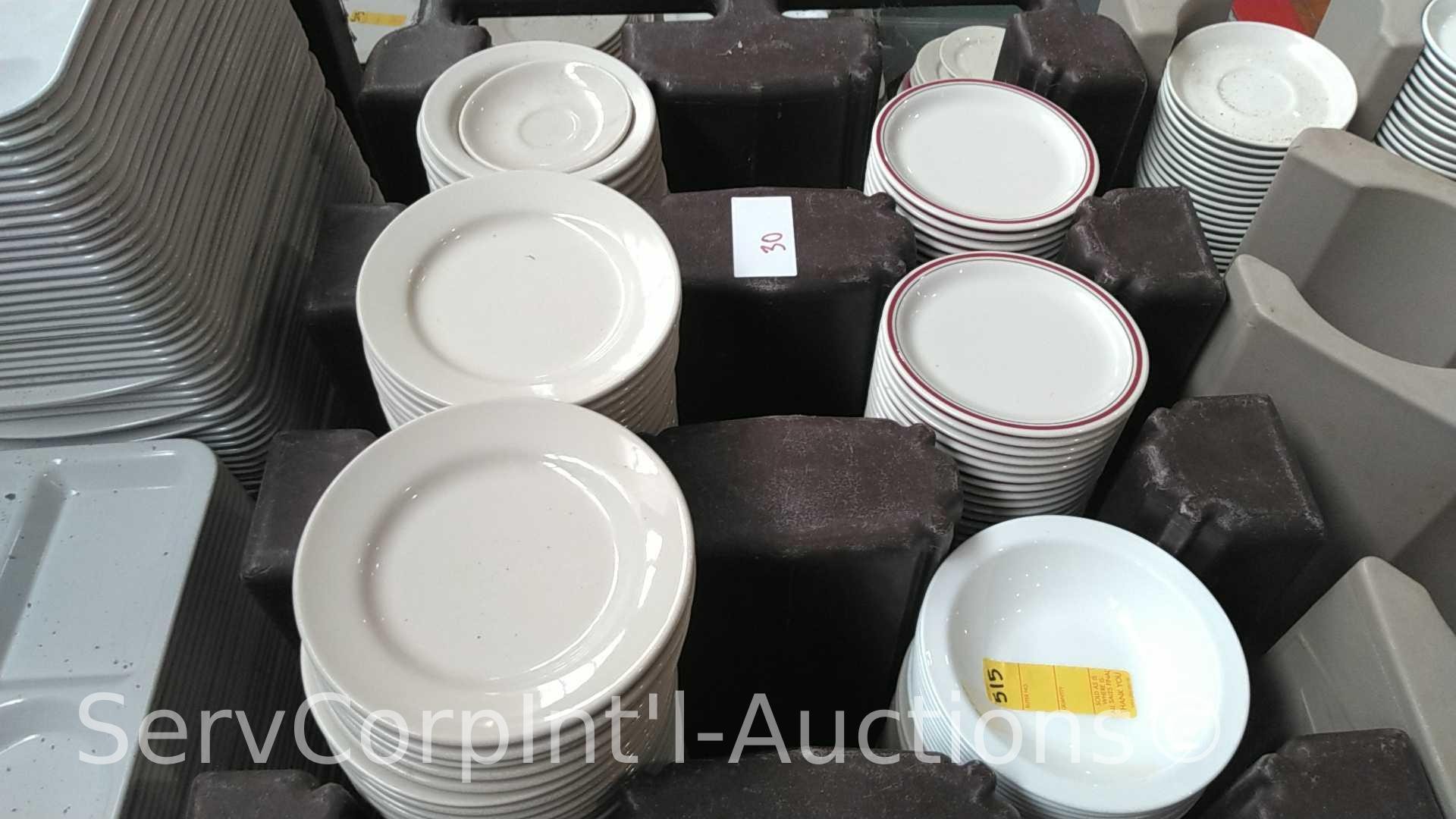 Lot of 3 Portable Dish Carts of Assorted Ceramic Plates, Bowls, Saucers, Portable Cart Full of