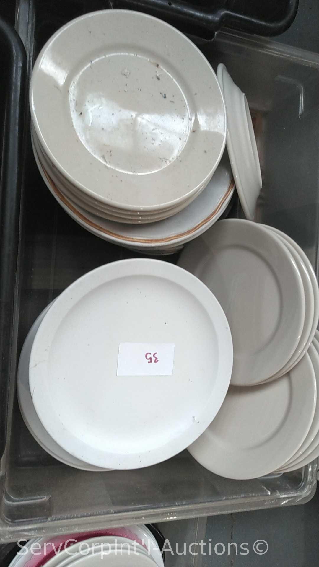 Lot of 3 Portable Dish Carts of Assorted Ceramic Plates, Bowls, Saucers, Portable Cart Full of