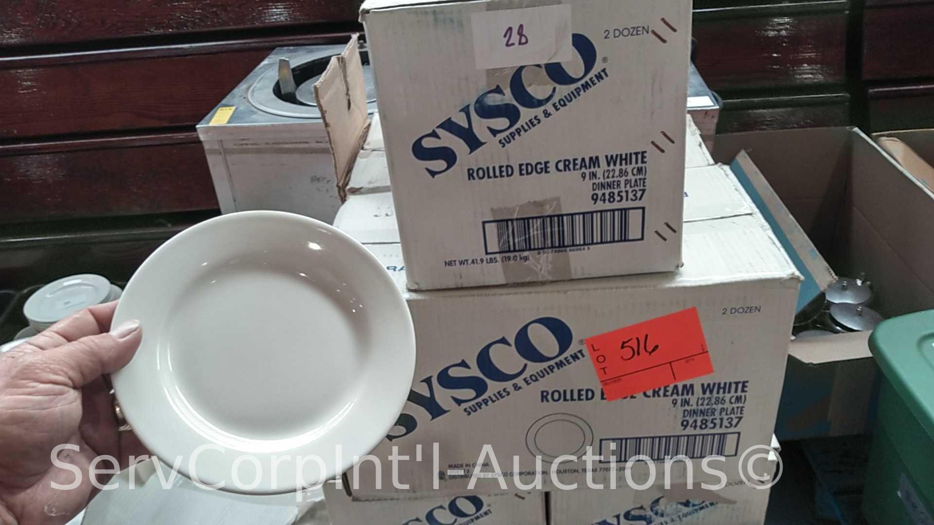 Lot of 9 Boxes of (12 Doz Ea) Sysco 9" Ceramic Plates, (3) Boxes of (3 Doz Ea) Sysco Ceramic Bowls,