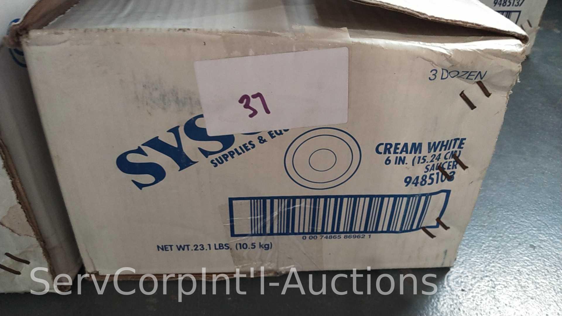 Lot of 9 Boxes of (12 Doz Ea) Sysco 9" Ceramic Plates, (3) Boxes of (3 Doz Ea) Sysco Ceramic Bowls,