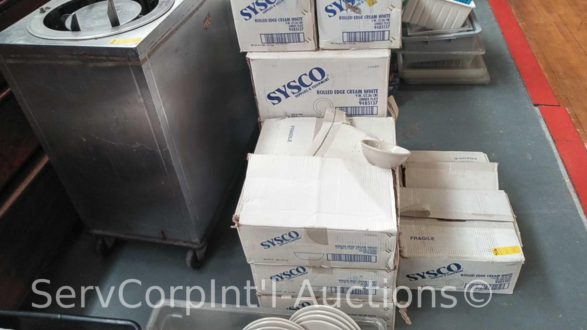 Lot of 9 Boxes of (12 Doz Ea) Sysco 9" Ceramic Plates, (3) Boxes of (3 Doz Ea) Sysco Ceramic Bowls,