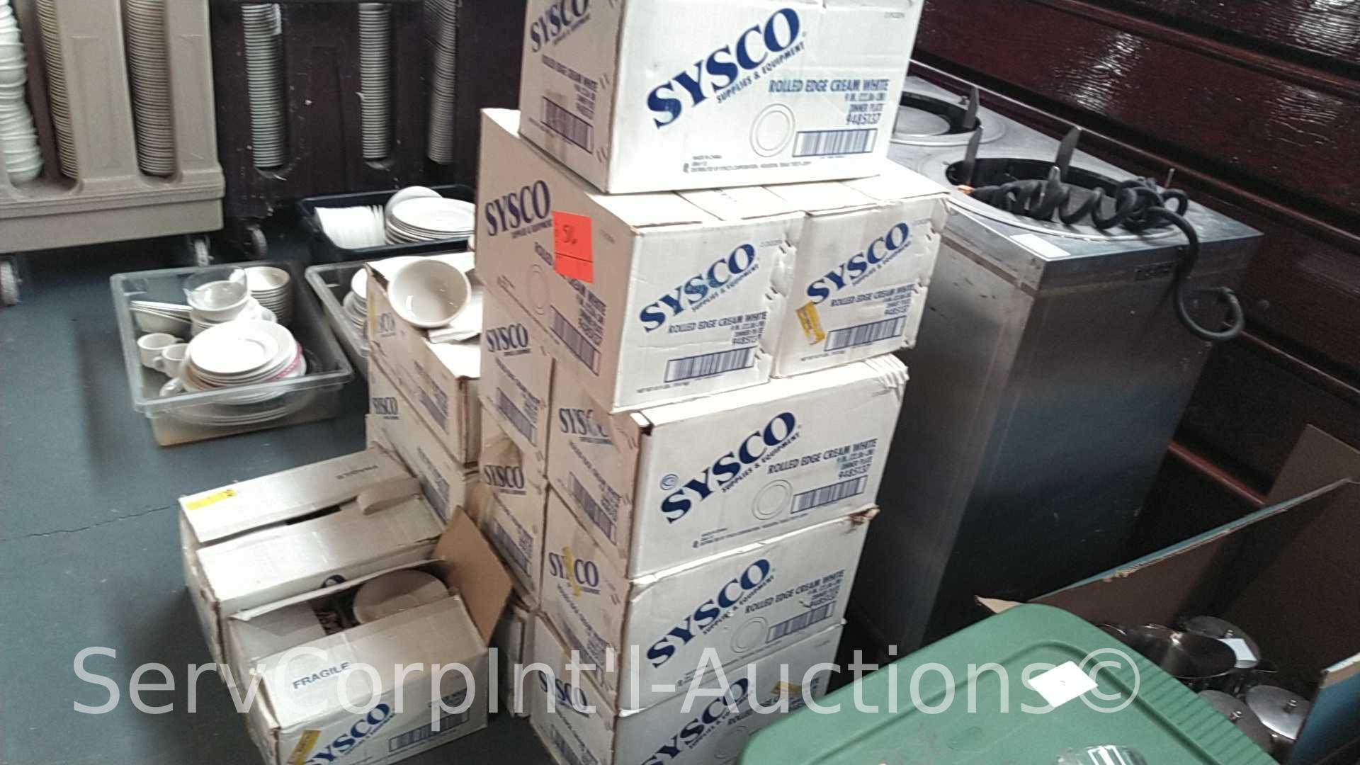 Lot of 9 Boxes of (12 Doz Ea) Sysco 9" Ceramic Plates, (3) Boxes of (3 Doz Ea) Sysco Ceramic Bowls,