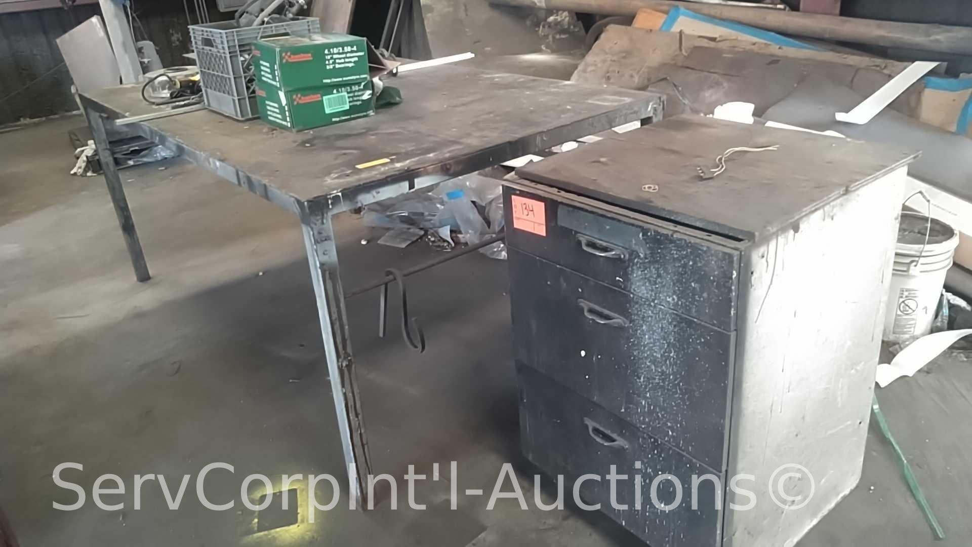 Lot of 7' x 4' Welders Table, 3-Drawer Metal Storage Cabinet with Contents of Gauges, Kunhua