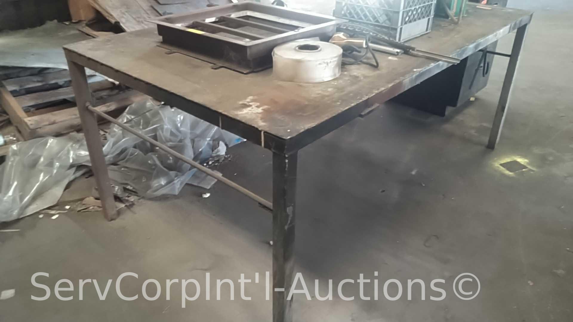 Lot of 7' x 4' Welders Table, 3-Drawer Metal Storage Cabinet with Contents of Gauges, Kunhua