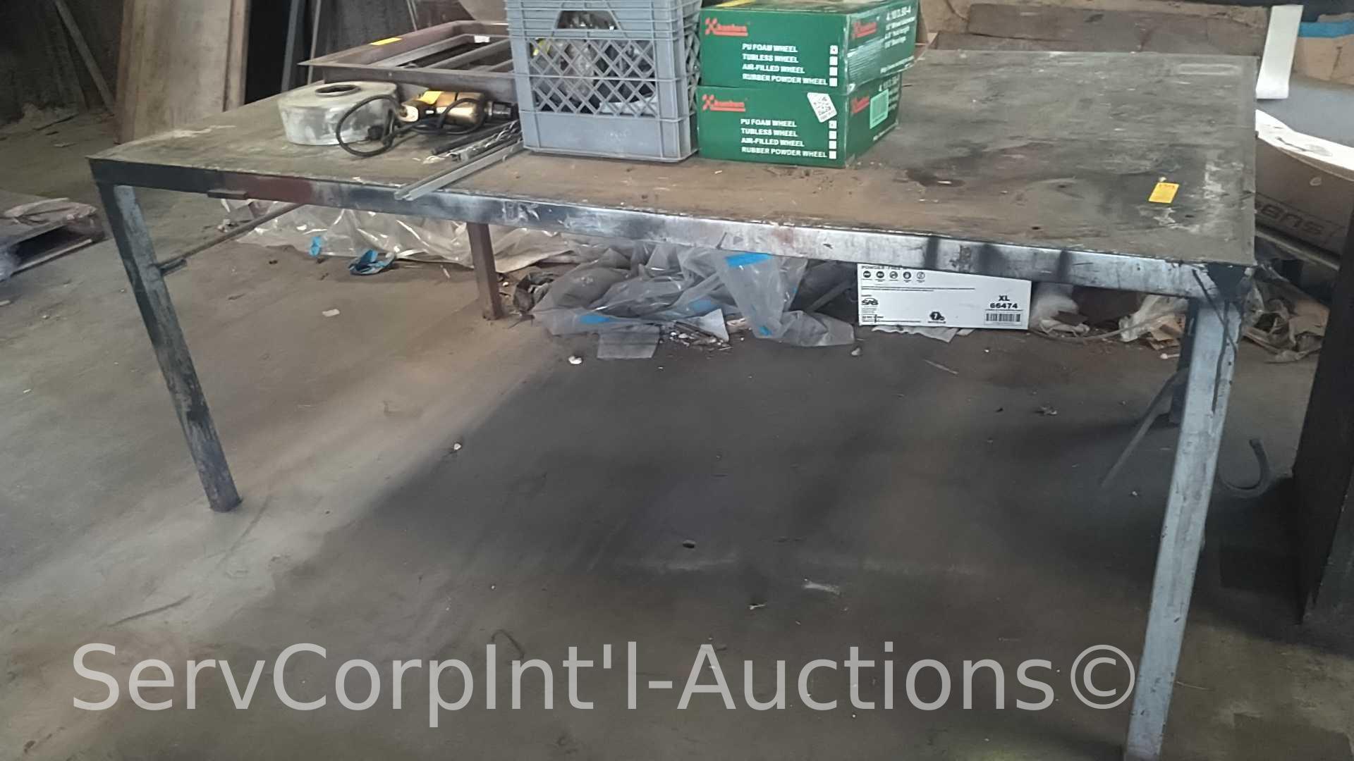 Lot of 7' x 4' Welders Table, 3-Drawer Metal Storage Cabinet with Contents of Gauges, Kunhua