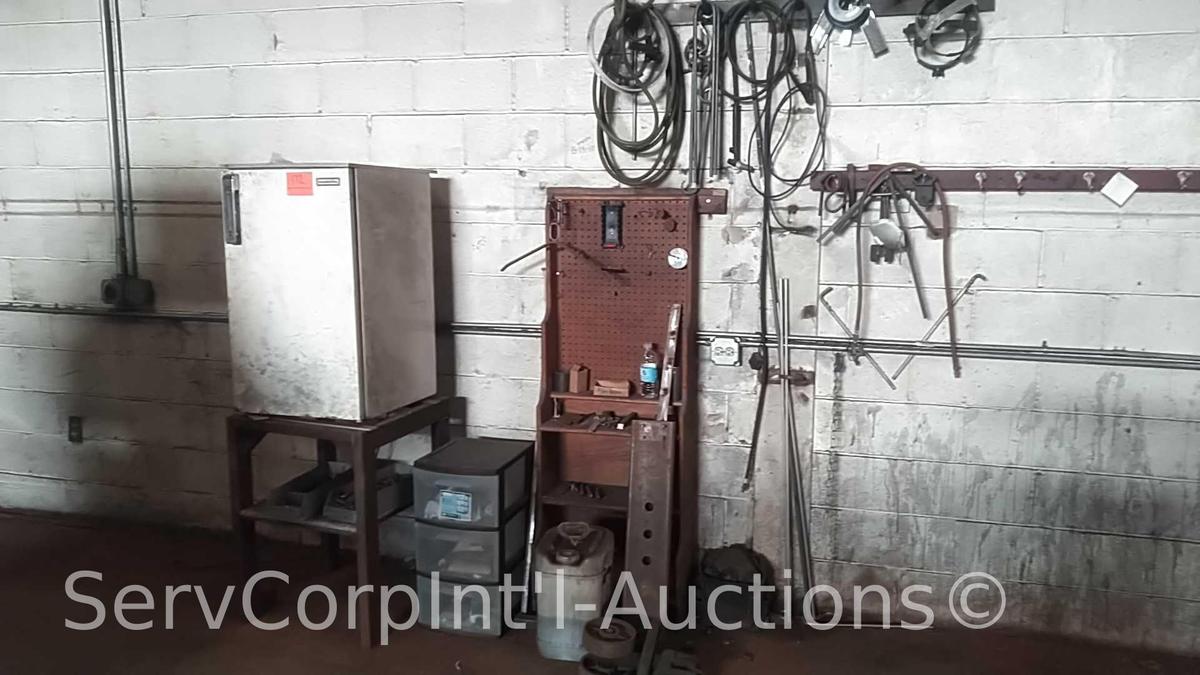 Lot of Homemade Table with Excellence Dorm Fridge, Various Homemade Welder Tools, Welder Square,