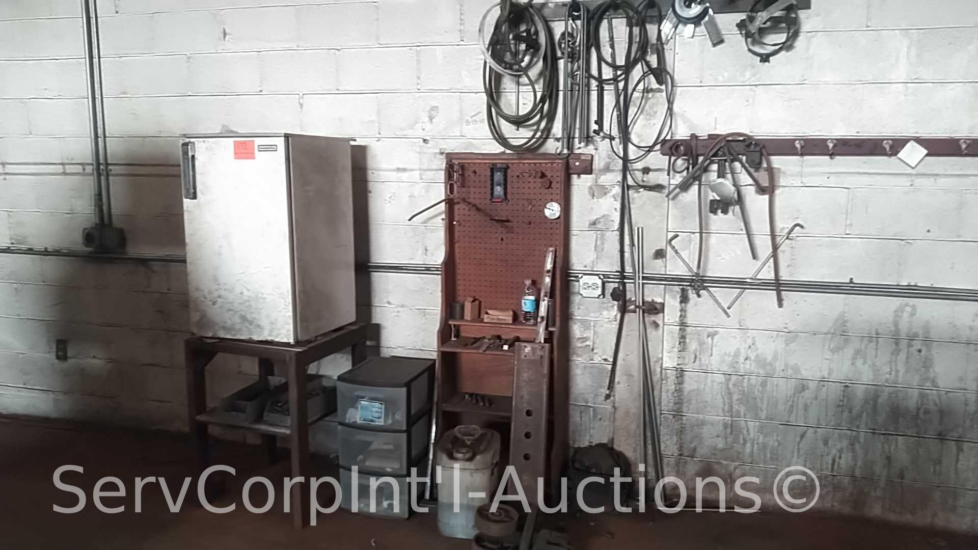 Lot of Homemade Table with Excellence Dorm Fridge, Various Homemade Welder Tools, Welder Square,