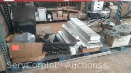 Lot Under Pallet Rack of Various Fluorescent Bulbs, Lighting Shades, Blacktex Rails, Ceiling Mount
