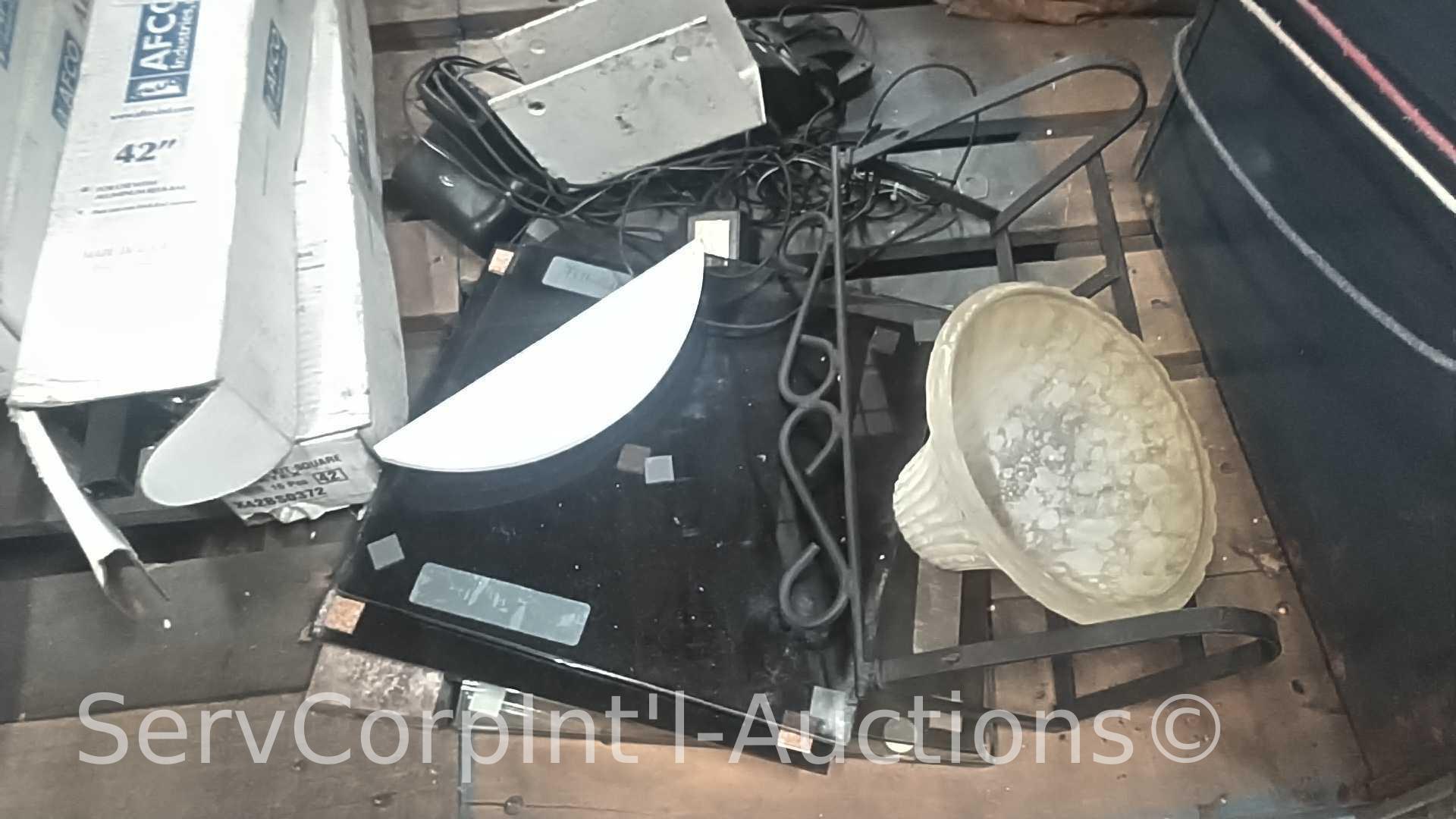 Lot Under Pallet Rack of Various Fluorescent Bulbs, Lighting Shades, Blacktex Rails, Ceiling Mount