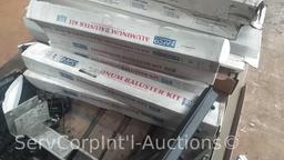 Lot Under Pallet Rack of Various Fluorescent Bulbs, Lighting Shades, Blacktex Rails, Ceiling Mount