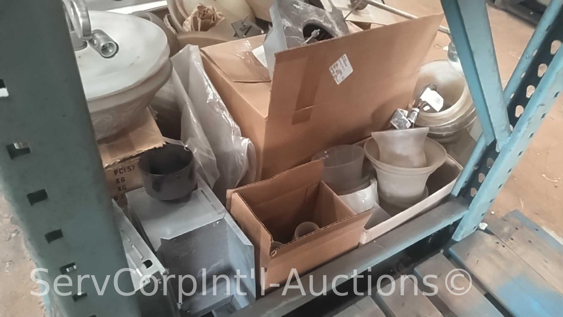 Lot Under Pallet Rack of Various Fluorescent Bulbs, Lighting Shades, Blacktex Rails, Ceiling Mount