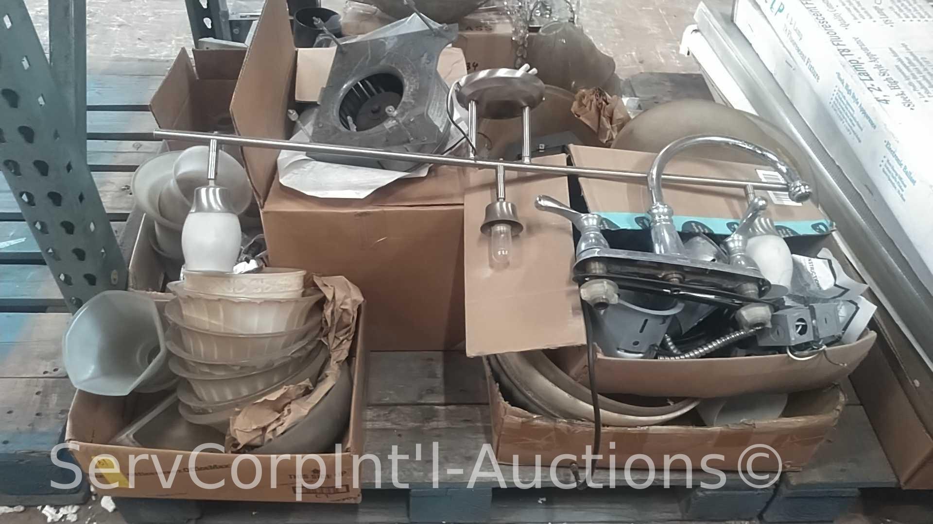Lot Under Pallet Rack of Various Fluorescent Bulbs, Lighting Shades, Blacktex Rails, Ceiling Mount