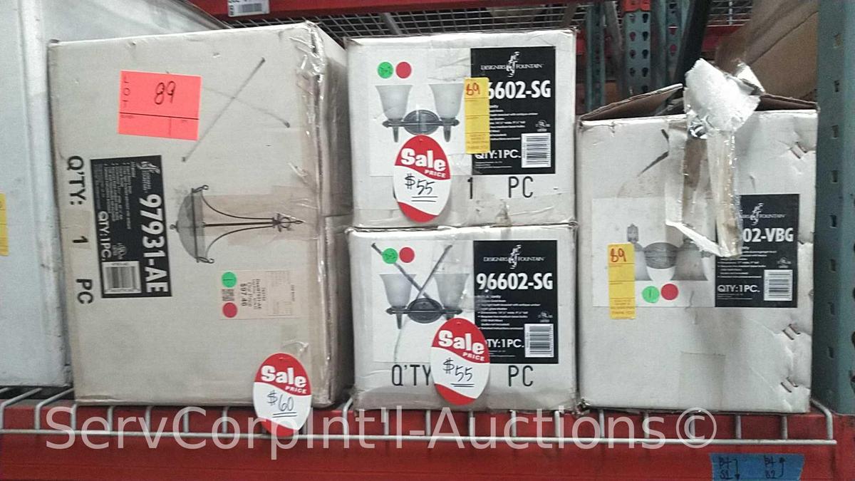 Lot on Pallet Rack of Various Designer Fountain Light Fixtures, (3) 2-Bulb Wall Mount, 3-Bulb