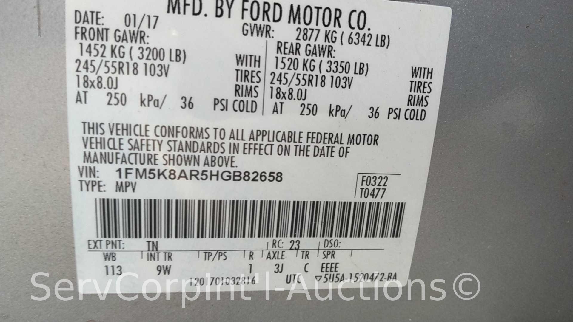 2017 Ford Explorer Multipurpose Vehicle (MPV), VIN # 1FM5K8AR5HGB82658