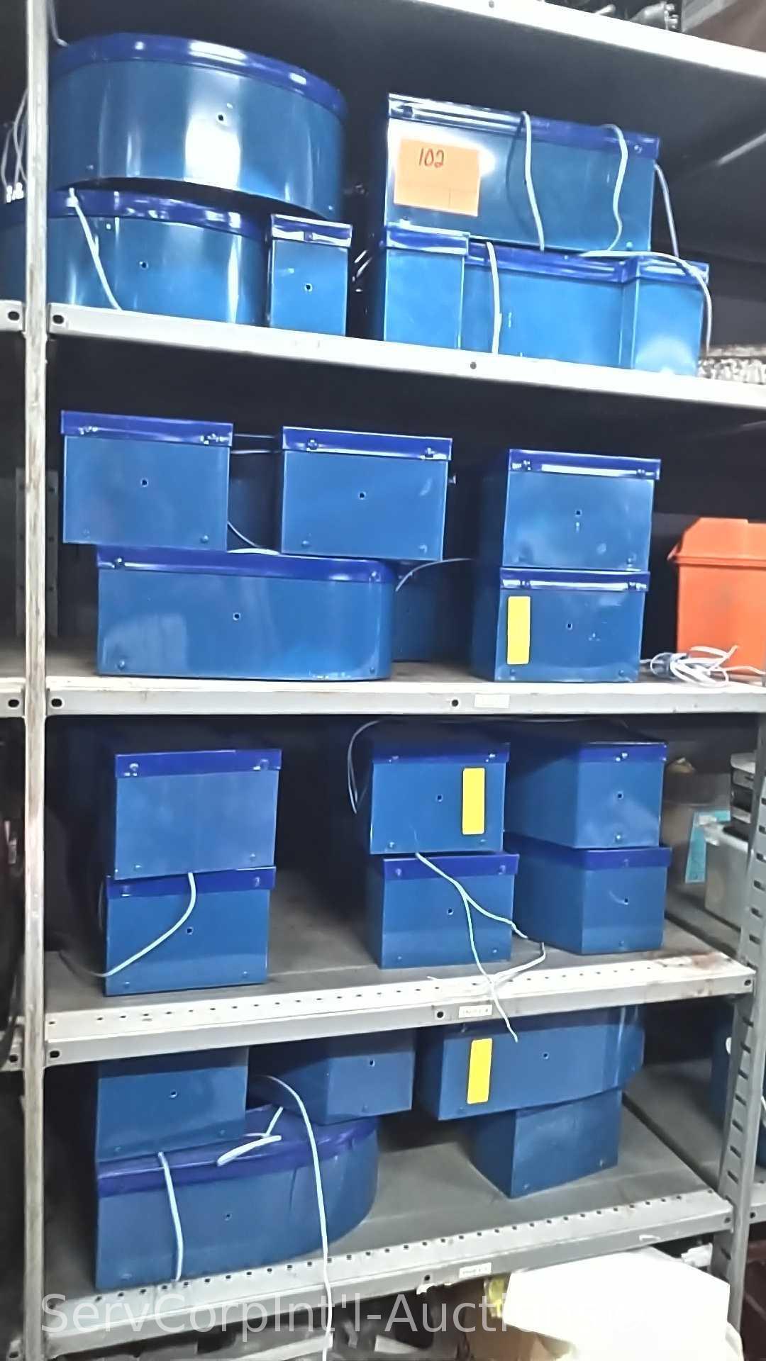 Lot on 4 Shelves of Various Blue Light-Up Letters (Seller: STP Sheriff)