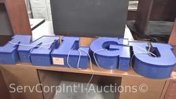 Lot on 4 Shelves of Various Blue Light-Up Letters (Seller: STP Sheriff)