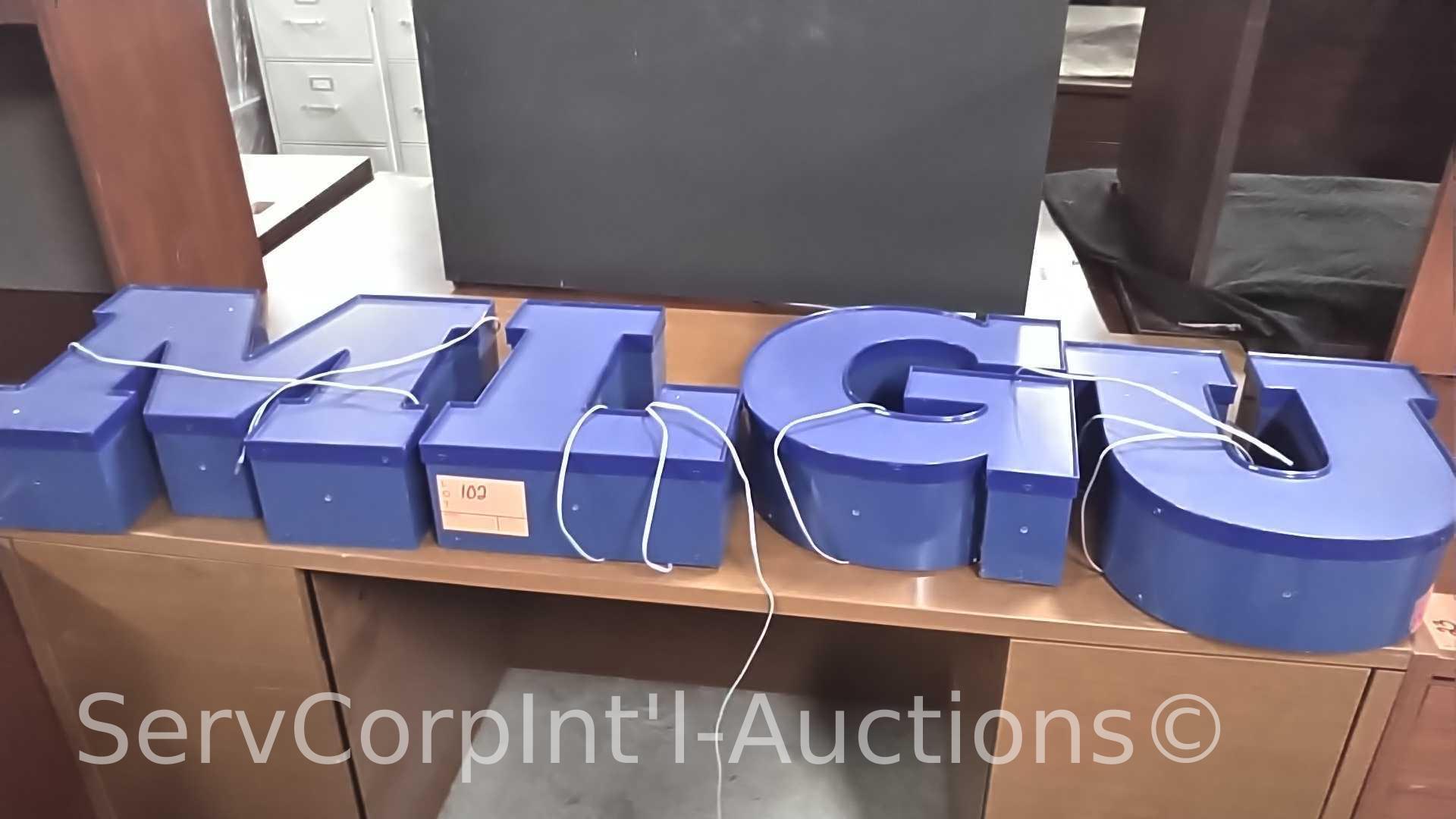 Lot on 4 Shelves of Various Blue Light-Up Letters (Seller: STP Sheriff)