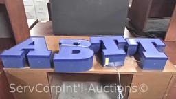 Lot on 4 Shelves of Various Blue Light-Up Letters (Seller: STP Sheriff)