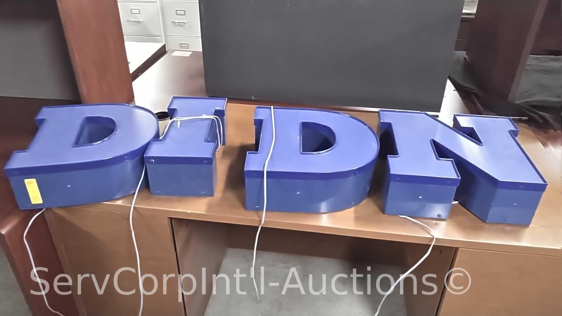 Lot on 4 Shelves of Various Blue Light-Up Letters (Seller: STP Sheriff)