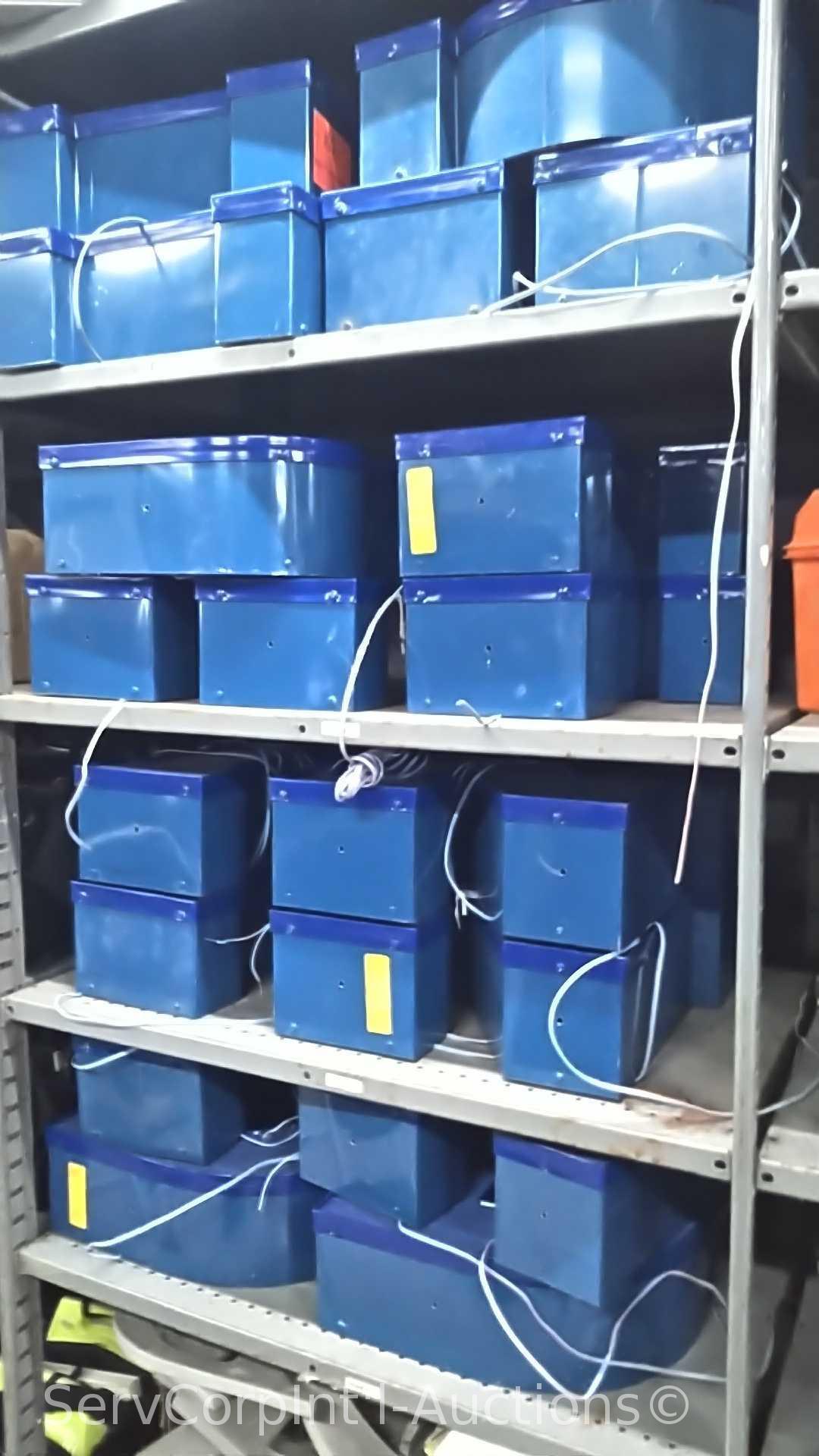 Lot on 4 Shelves of Various Blue Light-Up Letters (Seller: STP Sheriff)