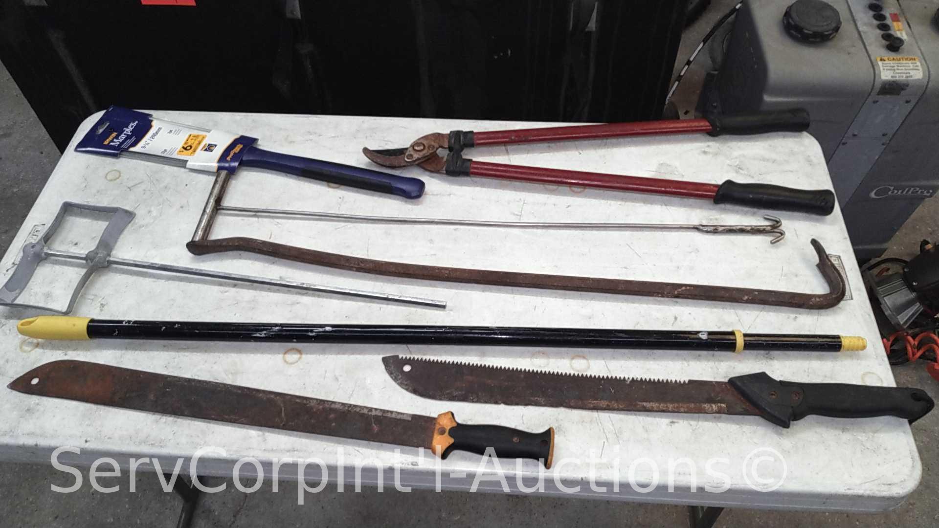 Lot on Shelf of Various Machetes, Paint Mixers, Loppers, Pick Axe, Shingle Shovel, Miter Box, Edge