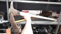 Lot on Shelf of Various Machetes, Paint Mixers, Loppers, Pick Axe, Shingle Shovel, Miter Box, Edge