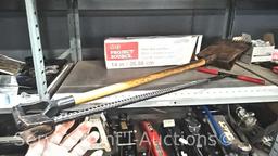 Lot on Shelf of Various Machetes, Paint Mixers, Loppers, Pick Axe, Shingle Shovel, Miter Box, Edge