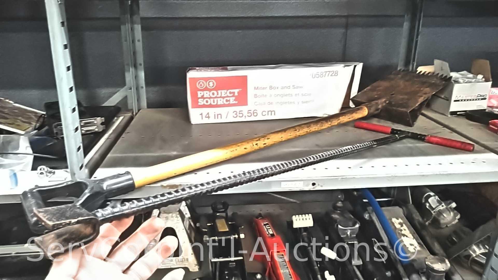 Lot on Shelf of Various Machetes, Paint Mixers, Loppers, Pick Axe, Shingle Shovel, Miter Box, Edge