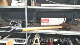 Lot on Shelf of Various Machetes, Paint Mixers, Loppers, Pick Axe, Shingle Shovel, Miter Box, Edge