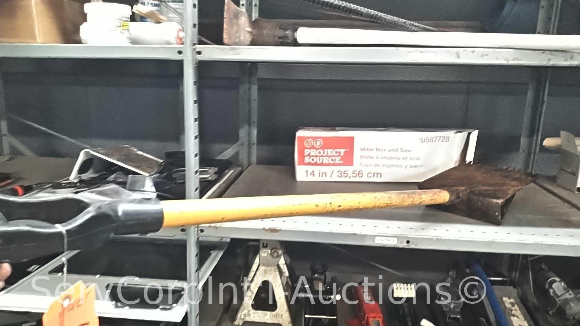 Lot on Shelf of Various Machetes, Paint Mixers, Loppers, Pick Axe, Shingle Shovel, Miter Box, Edge