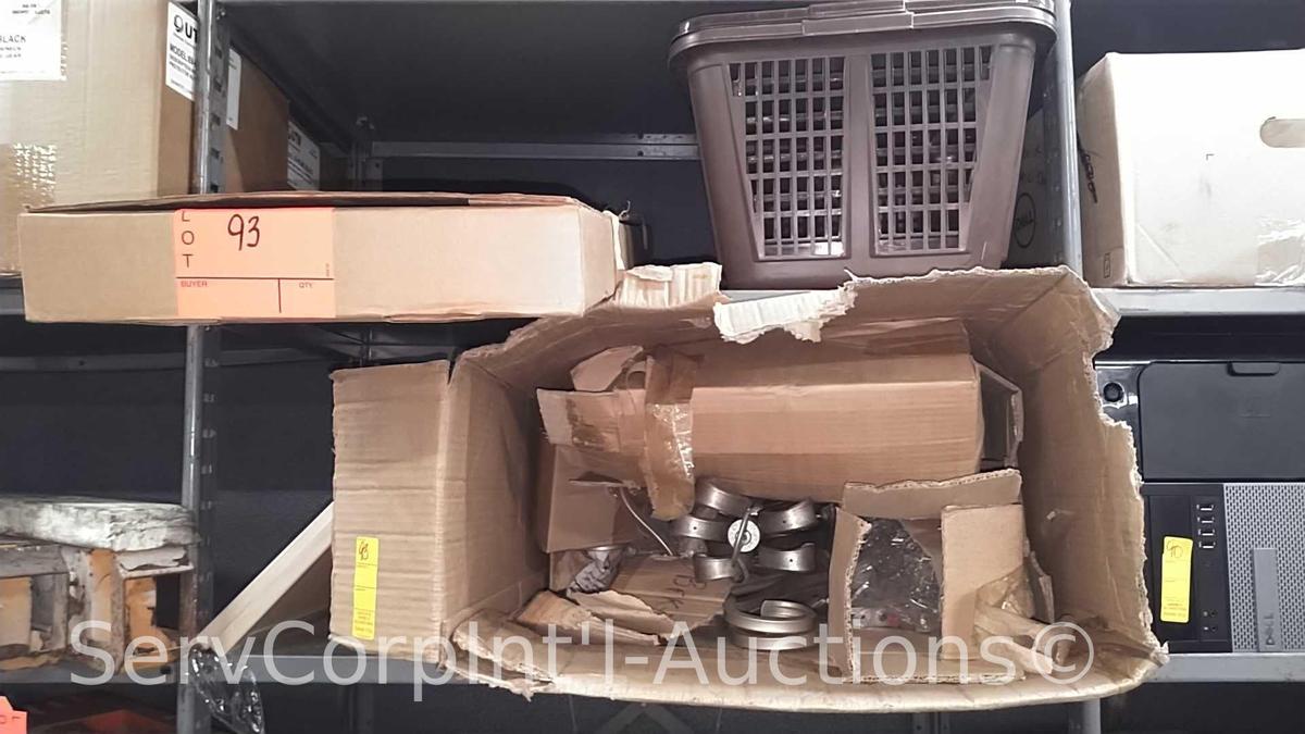 Lot on 2 Shelves of Display Lights, Laundry Baskets, Cork Board, Epic Lighting Chandelier