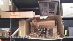 Lot on 2 Shelves of Display Lights, Laundry Baskets, Cork Board, Epic Lighting Chandelier