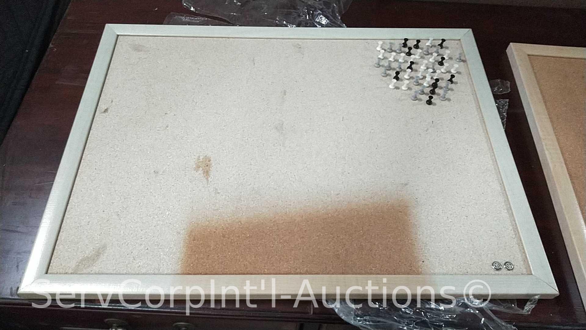 Lot on 2 Shelves of Display Lights, Laundry Baskets, Cork Board, Epic Lighting Chandelier