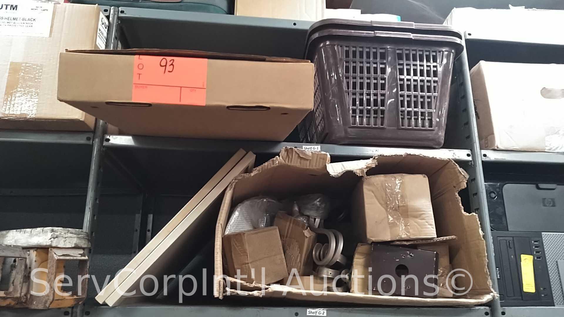 Lot on 2 Shelves of Display Lights, Laundry Baskets, Cork Board, Epic Lighting Chandelier