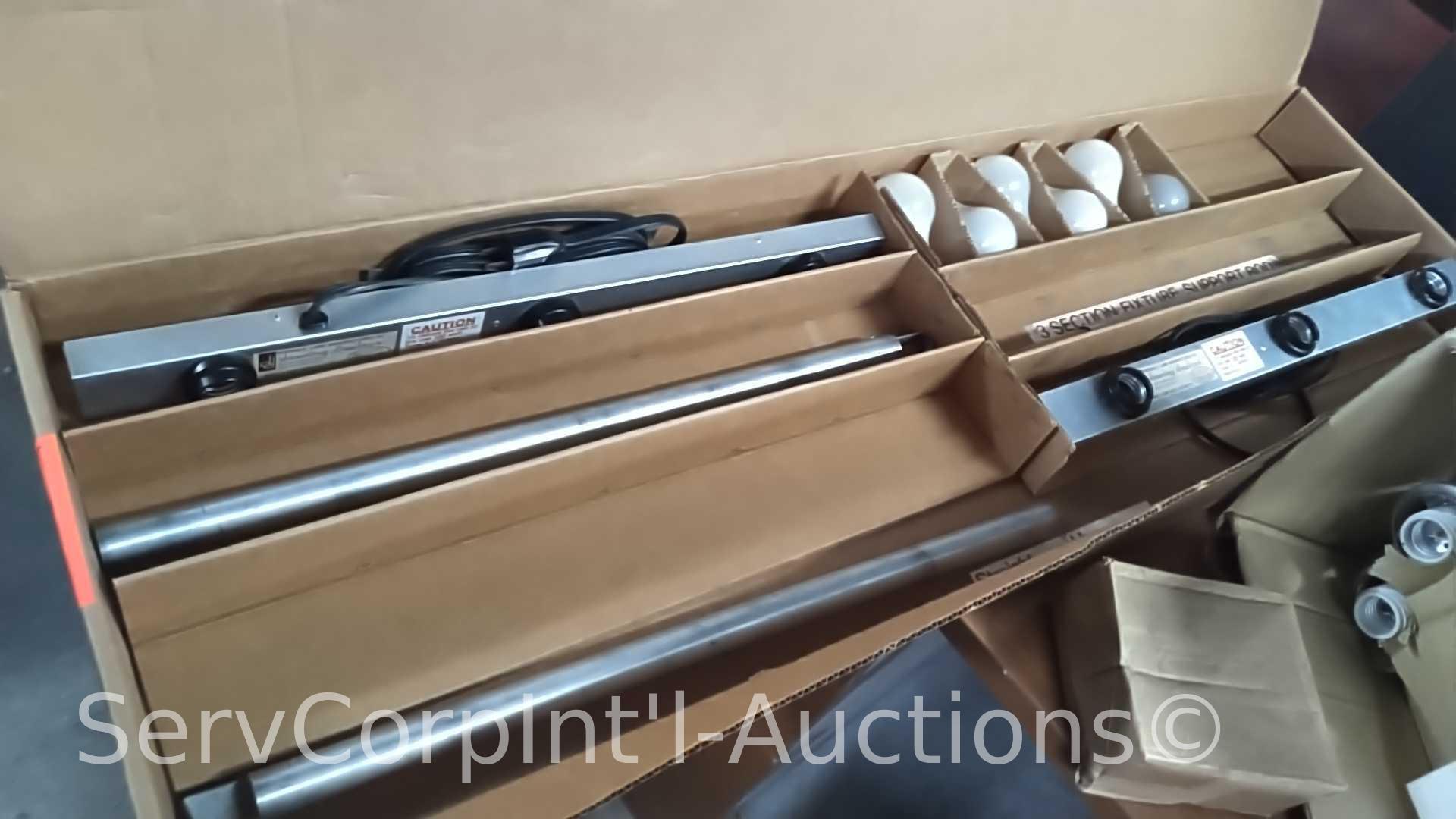 Lot on 2 Shelves of Display Lights, Laundry Baskets, Cork Board, Epic Lighting Chandelier