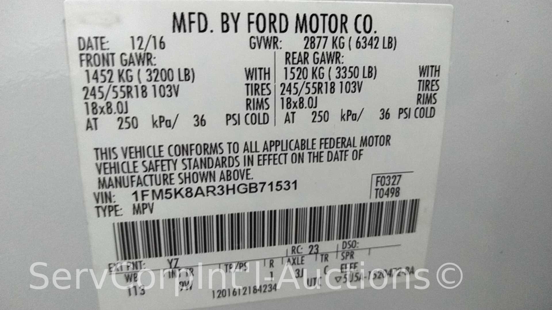 2017 Ford Explorer Multipurpose Vehicle (MPV), VIN # 1FM5K8AR3HGB71531