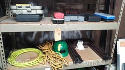 Lot on 2 Shelves of Various Sockets, Ratches, Rope, Pressure Washer Hose, Folding Seats