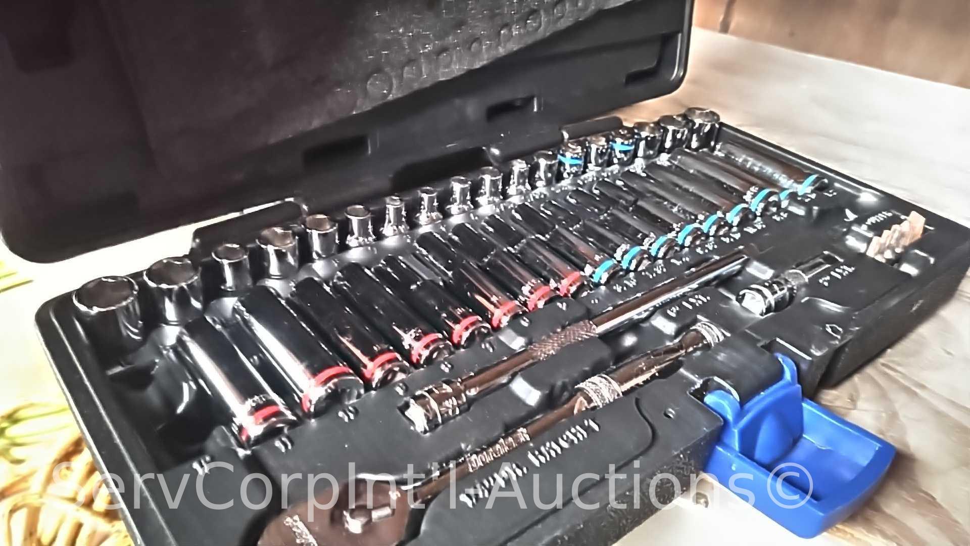 Lot on 2 Shelves of Various Sockets, Ratches, Rope, Pressure Washer Hose, Folding Seats