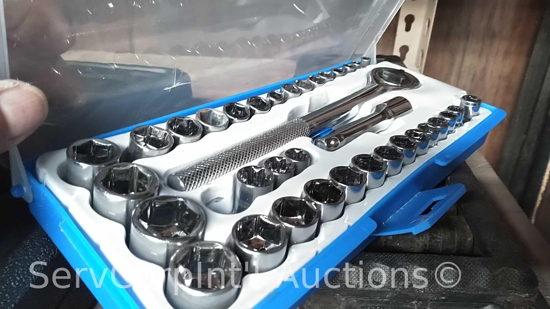 Lot on 2 Shelves of Various Sockets, Ratches, Rope, Pressure Washer Hose, Folding Seats