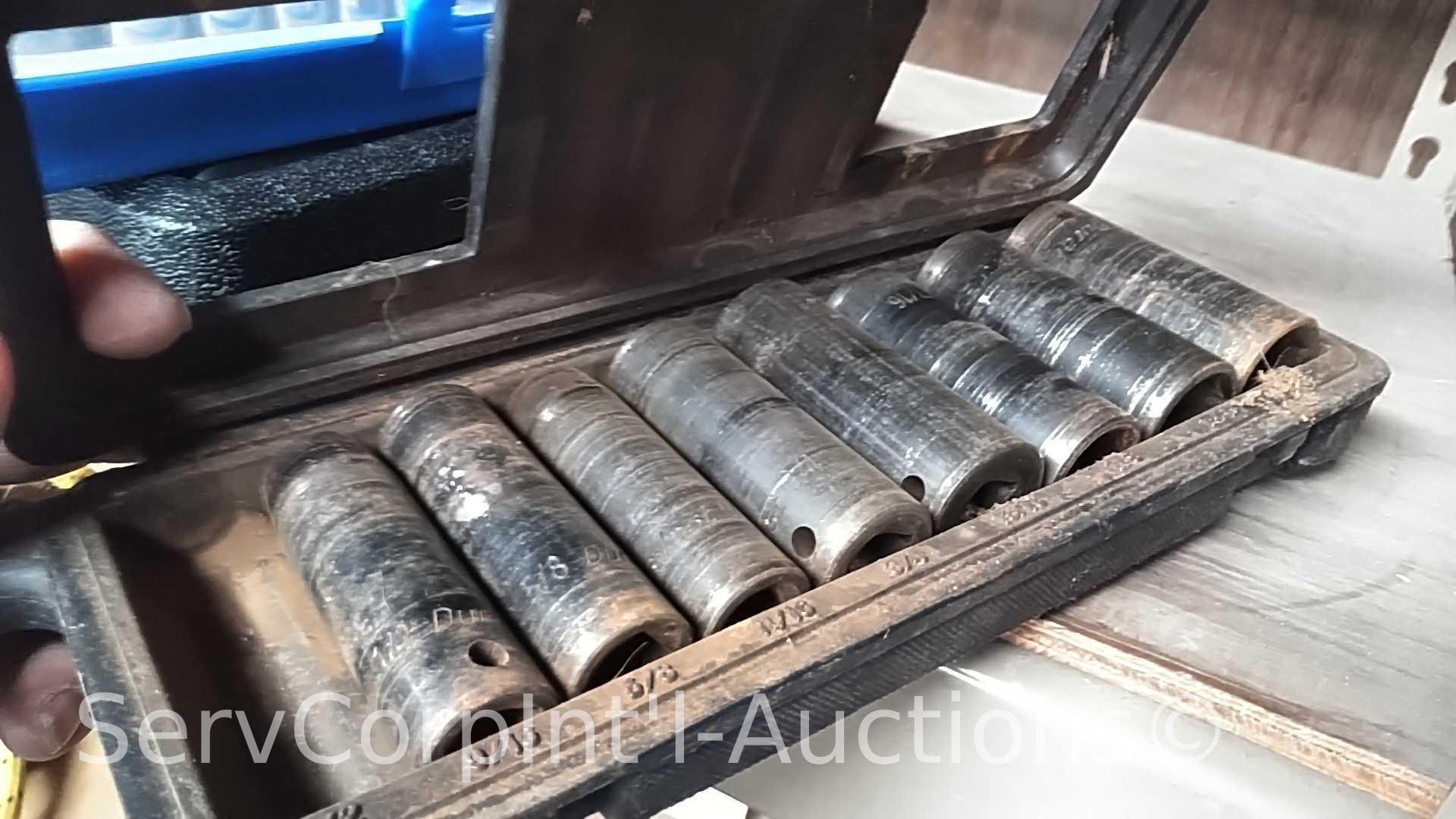 Lot on 2 Shelves of Various Sockets, Ratches, Rope, Pressure Washer Hose, Folding Seats